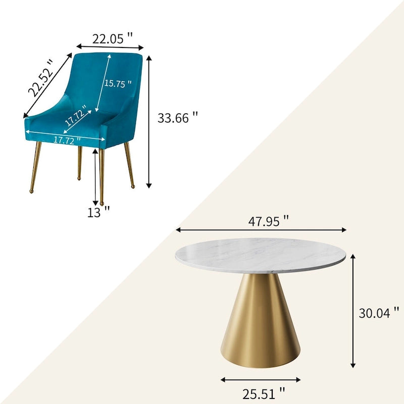 Table à manger en métal avec plateau en marbre 48 po et chaise de salle à manger en velours