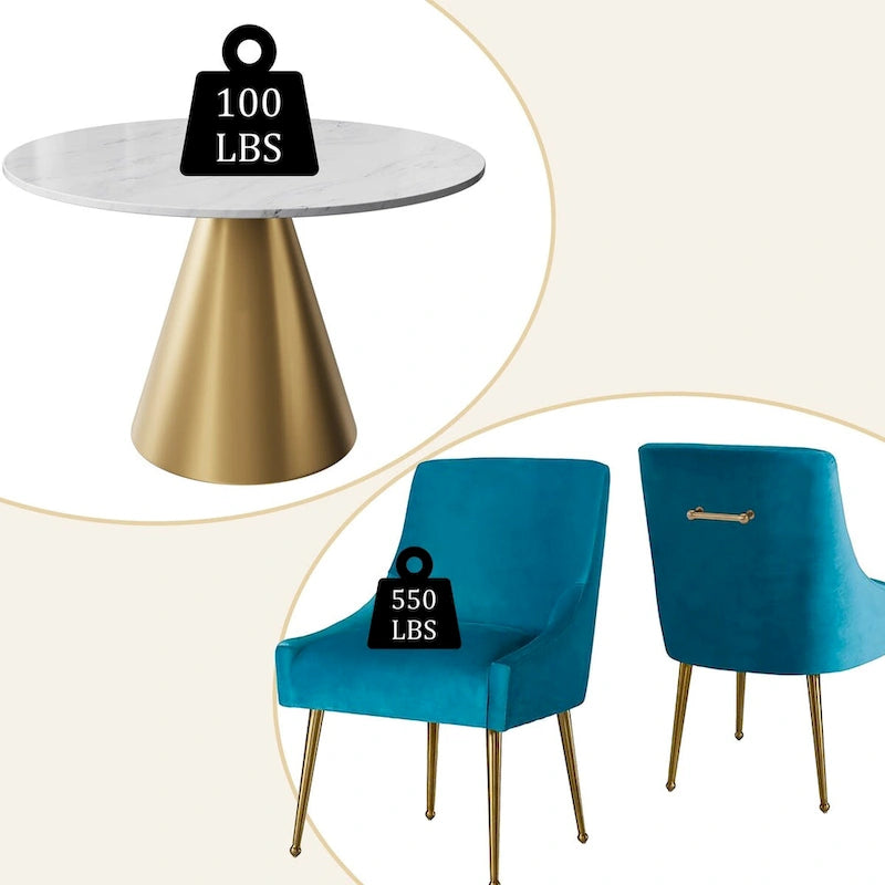 Table à manger en métal avec plateau en marbre 48 po et chaise de salle à manger en velours