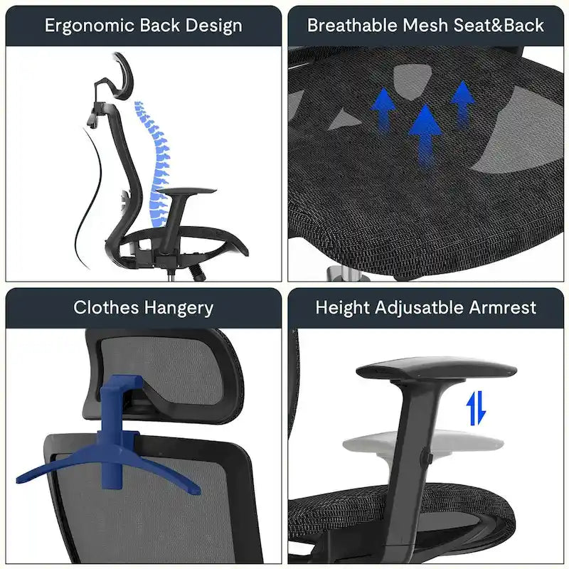 Chaise de bureau ergonomique pivotante à 360° en maille, réglable en hauteur, avec appuie-tête, support lombaire et accoudoirs réglables