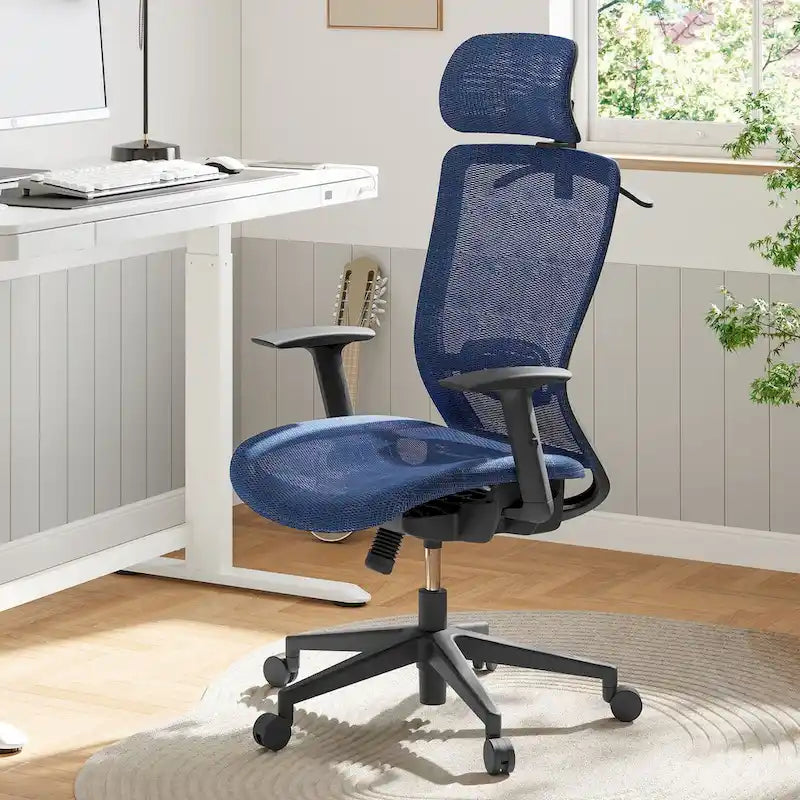 Chaise de bureau ergonomique pivotante à 360° en maille, réglable en hauteur, avec appuie-tête, support lombaire et accoudoirs réglables