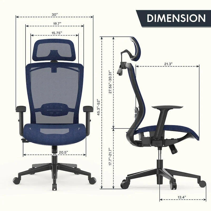 Chaise de bureau ergonomique pivotante à 360° en maille, réglable en hauteur, avec appuie-tête, support lombaire et accoudoirs réglables