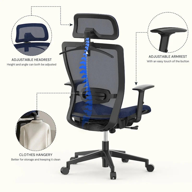 Chaise de bureau ergonomique pivotante à 360° en maille, réglable en hauteur, avec appuie-tête, support lombaire et accoudoirs réglables