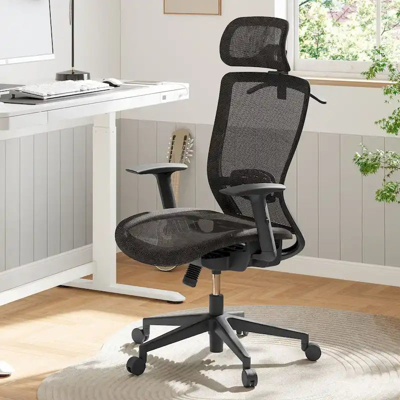 Chaise de bureau ergonomique pivotante à 360° en maille, réglable en hauteur, avec appuie-tête, support lombaire et accoudoirs réglables