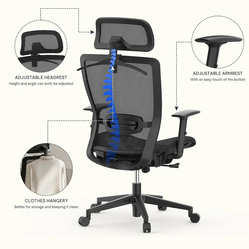 Chaise de bureau ergonomique pivotante à 360° en maille, réglable en hauteur, avec appuie-tête, support lombaire et accoudoirs réglables