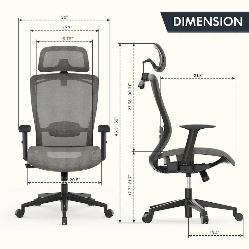 Chaise de bureau ergonomique pivotante à 360° en maille, réglable en hauteur, avec appuie-tête, support lombaire et accoudoirs réglables