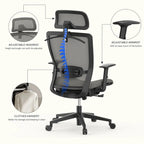 Chaise de bureau ergonomique pivotante à 360° en maille, réglable en hauteur, avec appuie-tête, support lombaire et accoudoirs réglables