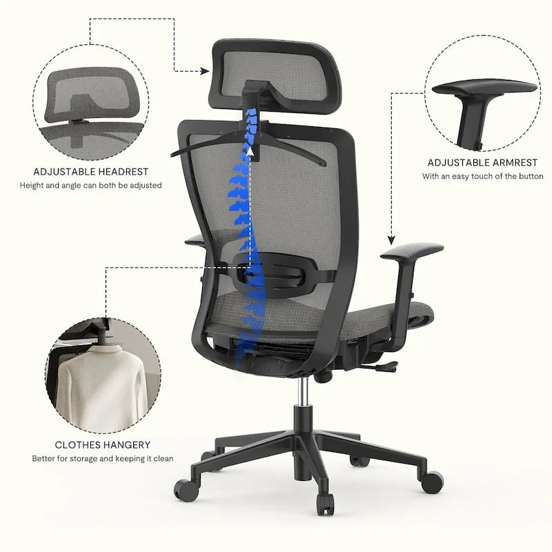Chaise de bureau ergonomique pivotante à 360° en maille, réglable en hauteur, avec appuie-tête, support lombaire et accoudoirs réglables